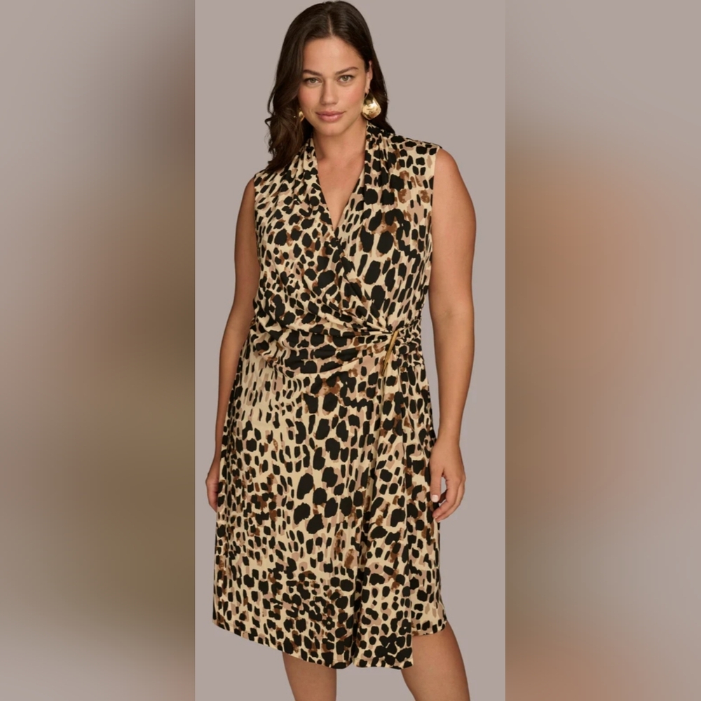 Donna Karan NY V-Neck Sleeveless Faux Wrap Leopard Midi Dress: Size: 24W